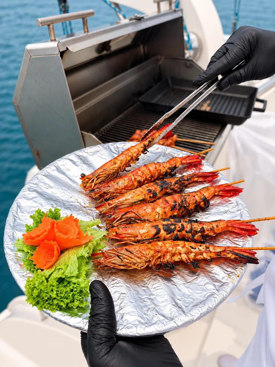 Illustrative grilled prawn platter served beside the onboard yacht BBQ