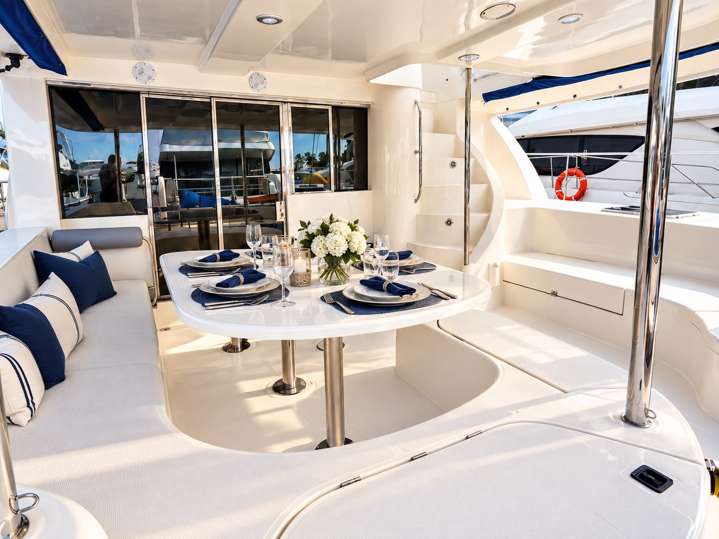 One Lotus covered aft deck styled for outdoor dining