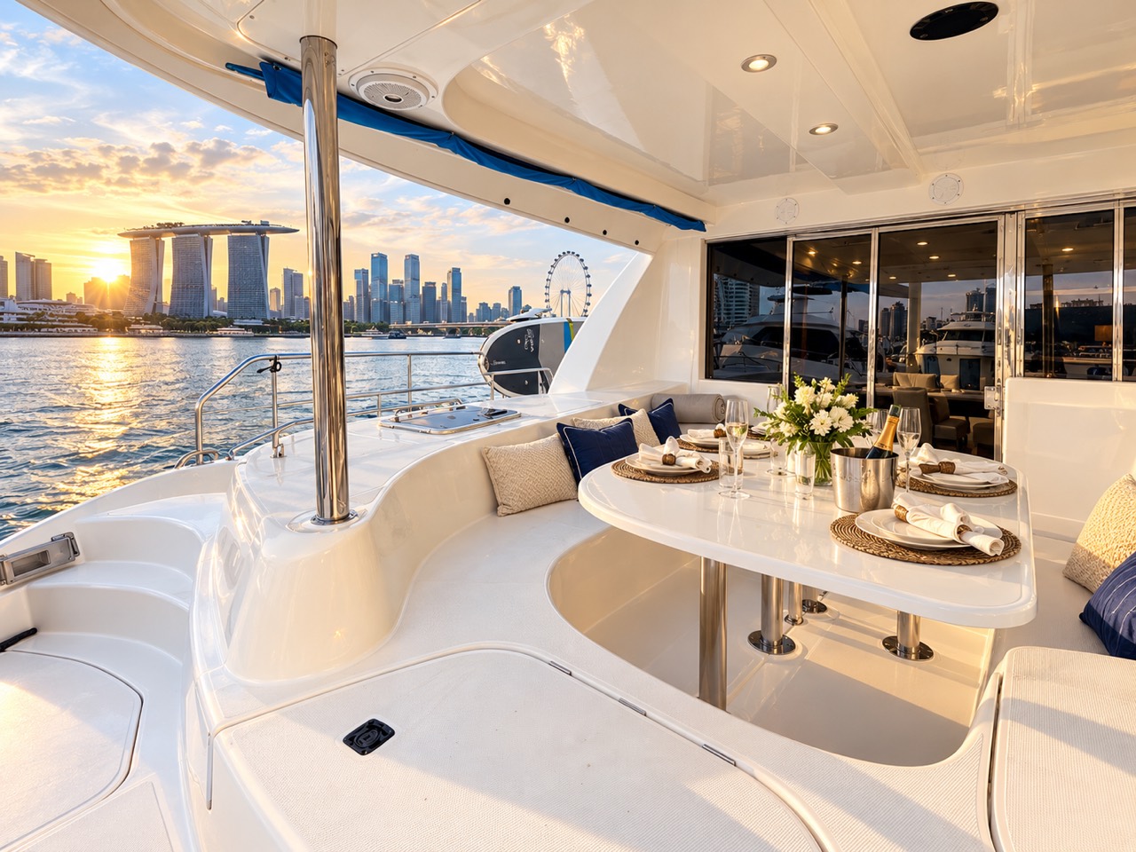 One Lotus covered aft-deck seating and dining area with the Singapore skyline
