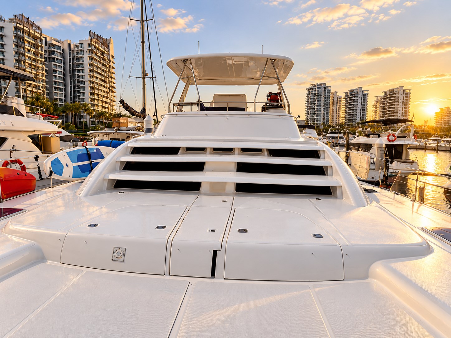 One Lotus foredeck and flybridge at the marina in warm evening light