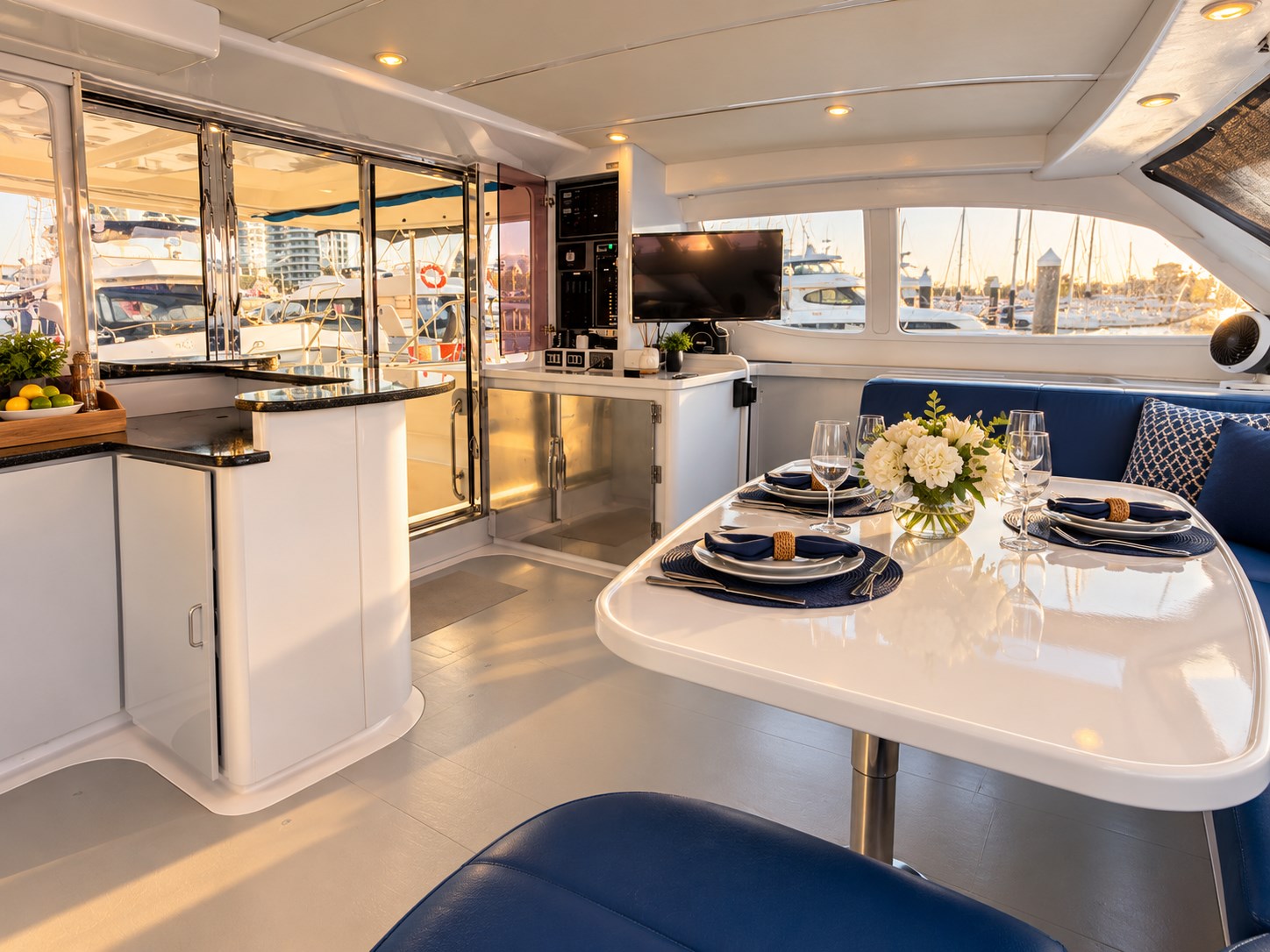 One Lotus indoor saloon and dining area with navy seating and an elegant table setting